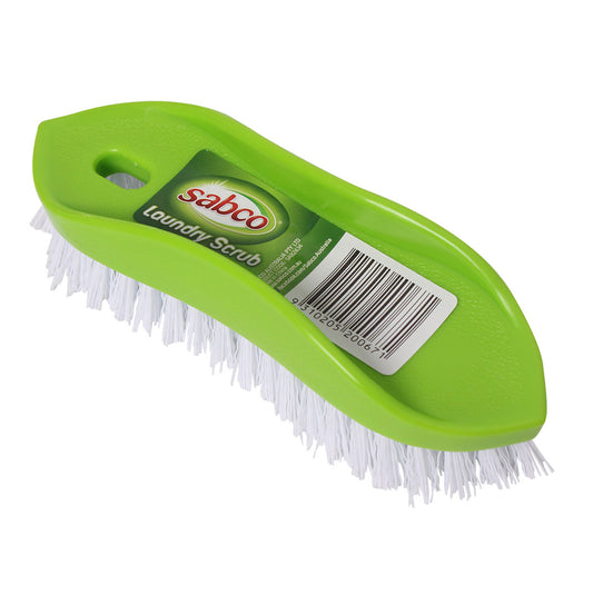 Green laundry scrub brush with white bristles on a white background