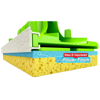 Close up of a Sabco cleaning sponge with green frame, white scrubber, and yellow sponge.