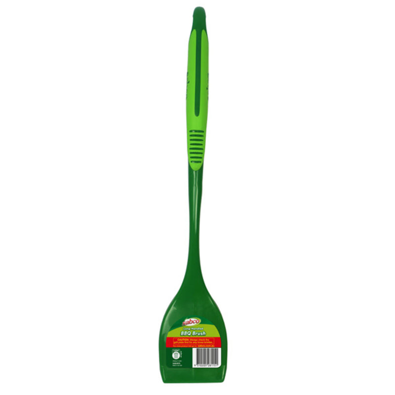 Green BBQ brush with a label on a white background