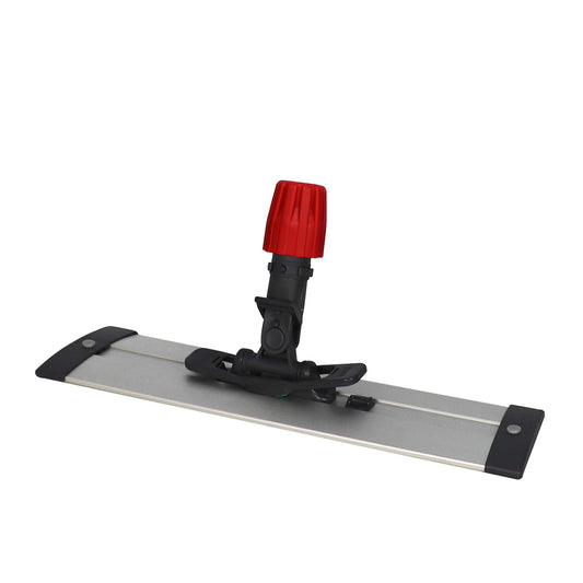 Metal floor cleaning tool with red and black attachments on a white background
