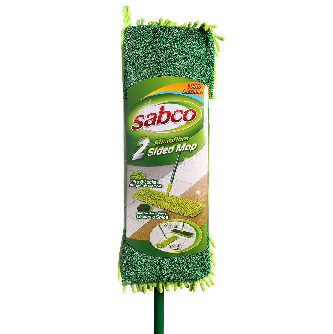 Green microfibre mop with Sabco packaging on a white background