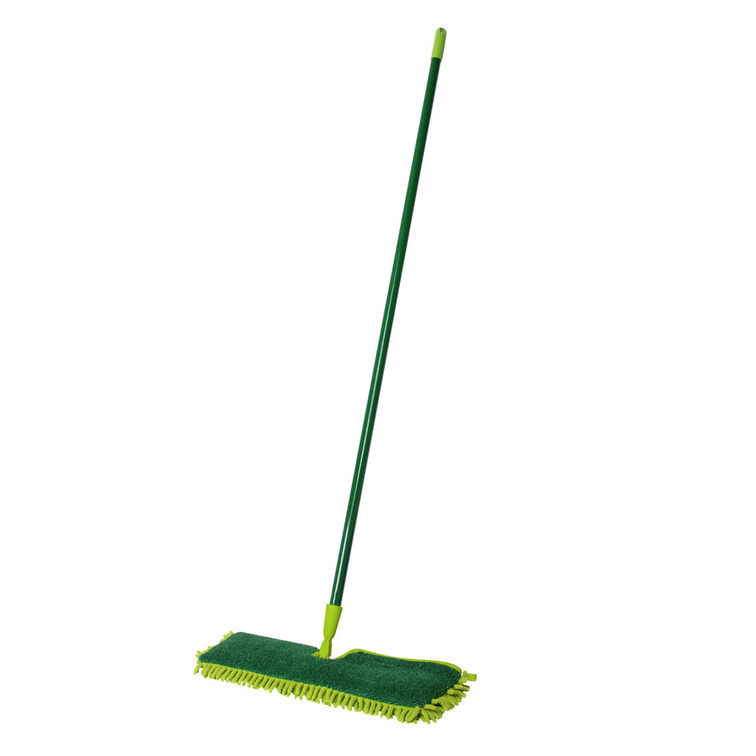Green floor mop with a flat head on a white background