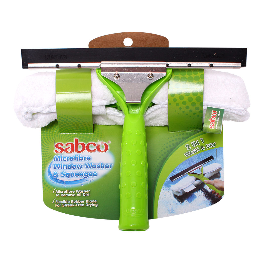 Sabco microfibre window washer and squeegee with green handle on packaging