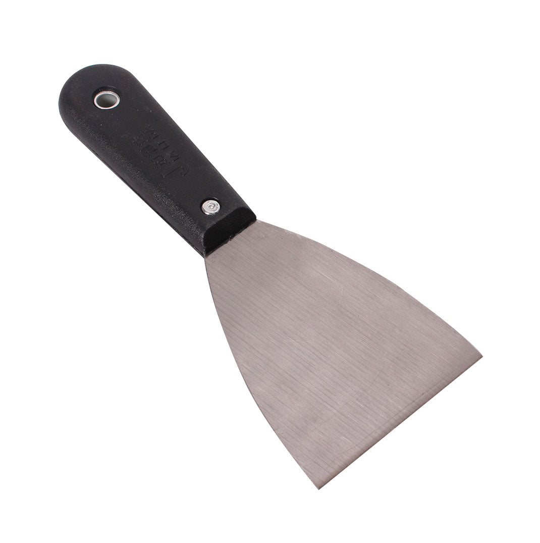 Metal Paint Scraper with black handle on a white background