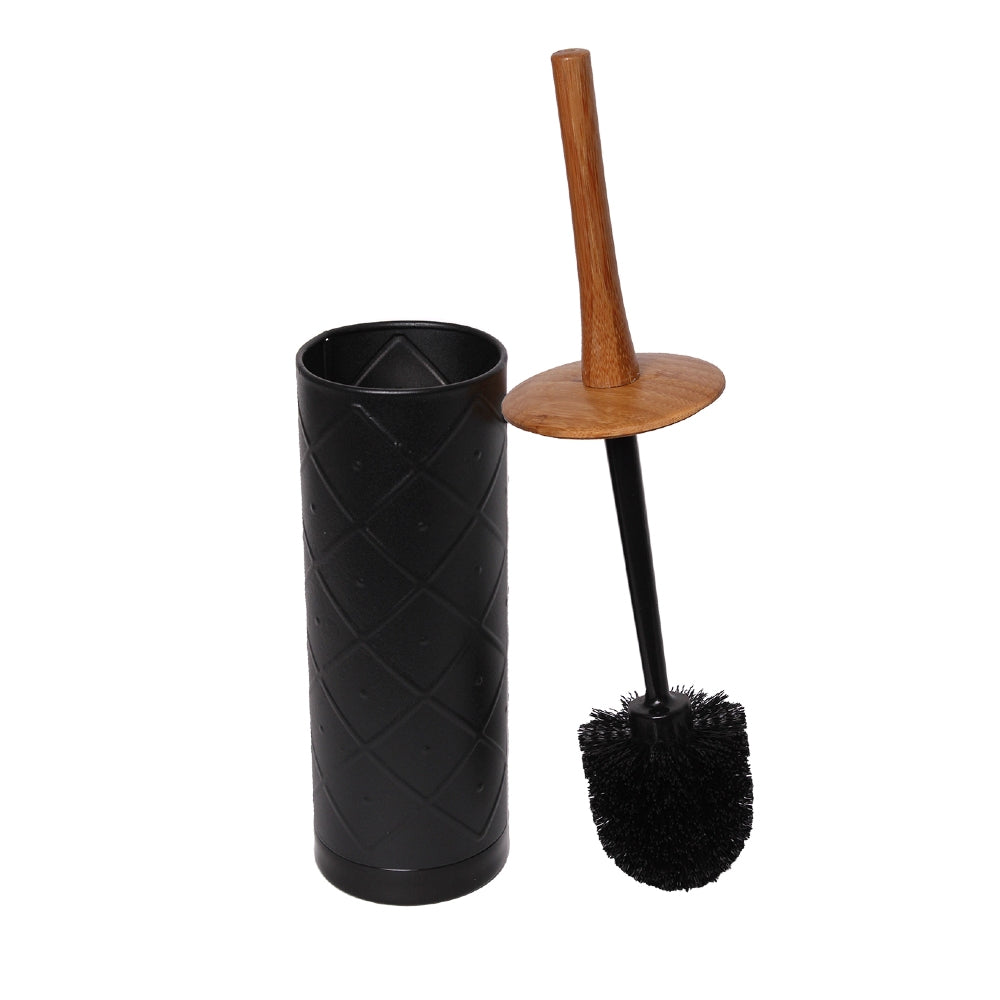Black toilet brush with wooden handle and black holder on a white background
