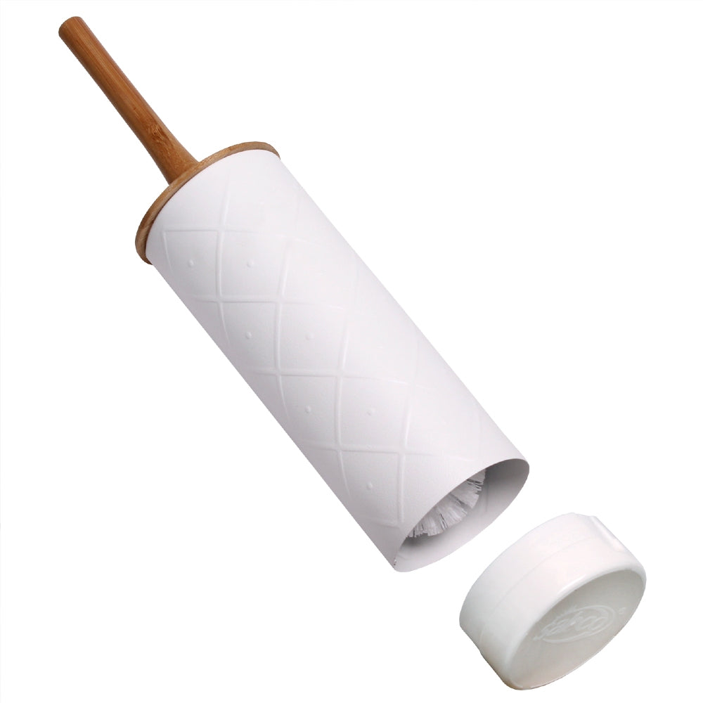 White toilet brush holder with a wooden handle on a white background