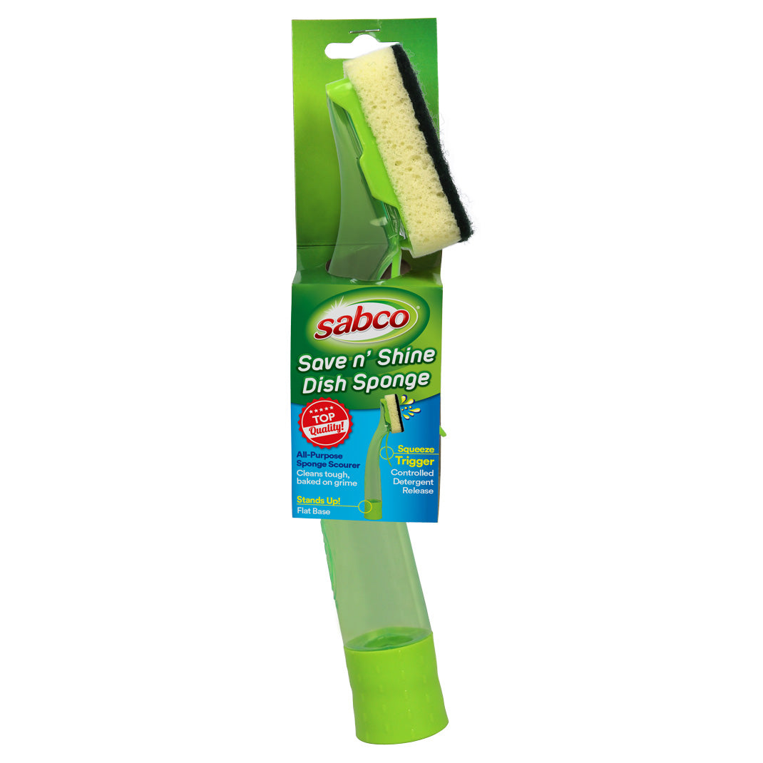 Sabco dish sponge with green handle and packaging on a white background
