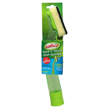 Sabco dish sponge with green handle and packaging on a white background
