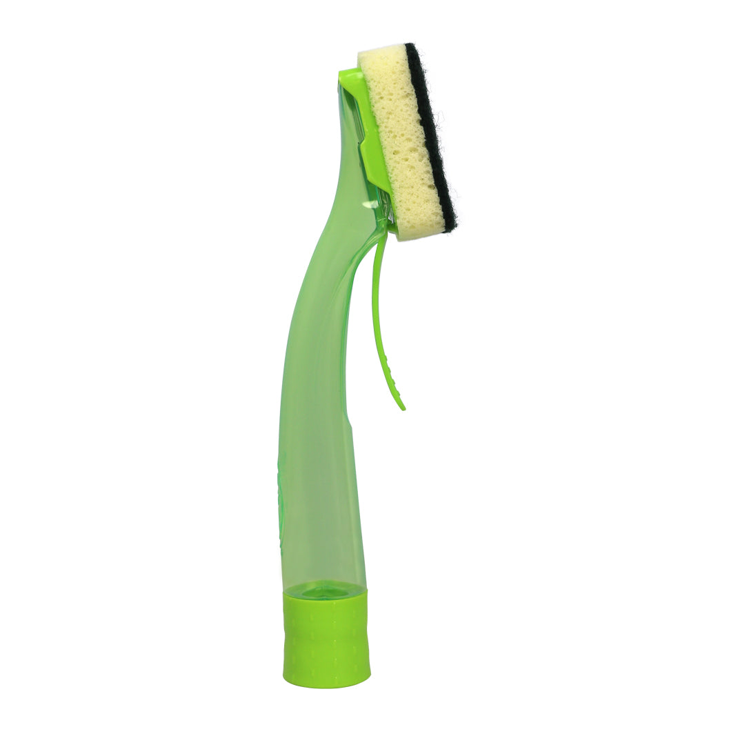 Green scrub brush with a handle on a white background