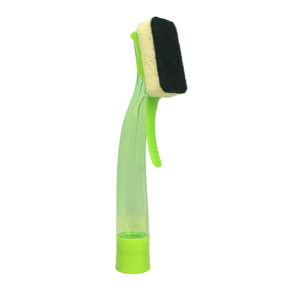 Cleaning brush with a green handle and black and yellow bristle head on a white background