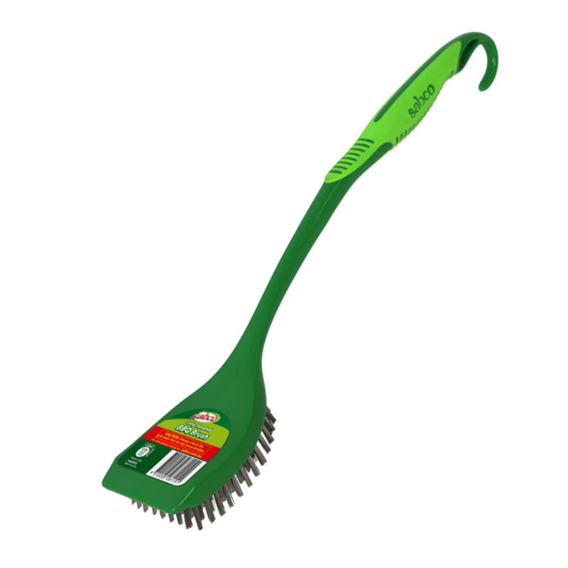 Green BBQ grill brush with a long handle on a white background