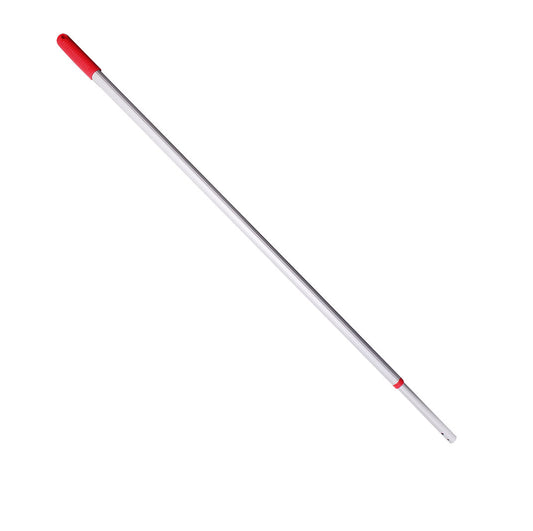 Long metal handle with red ends on a white background