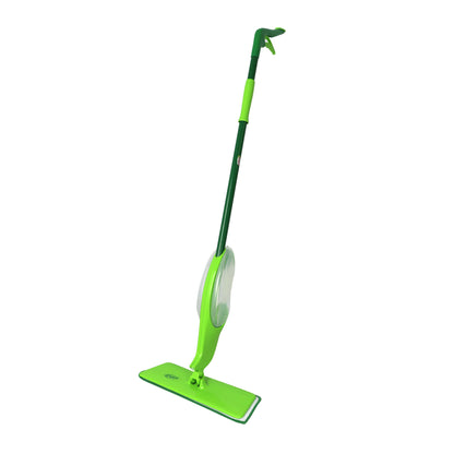 Green spray mop floor cleaning tool with a long handle on a white background