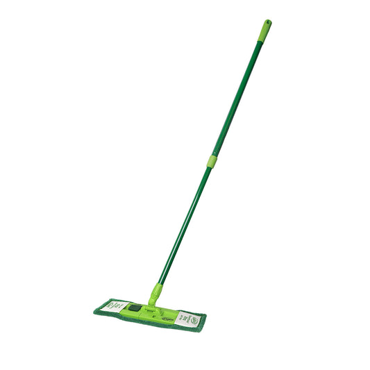 Green floor mop with a flat cleaning pad on a white background