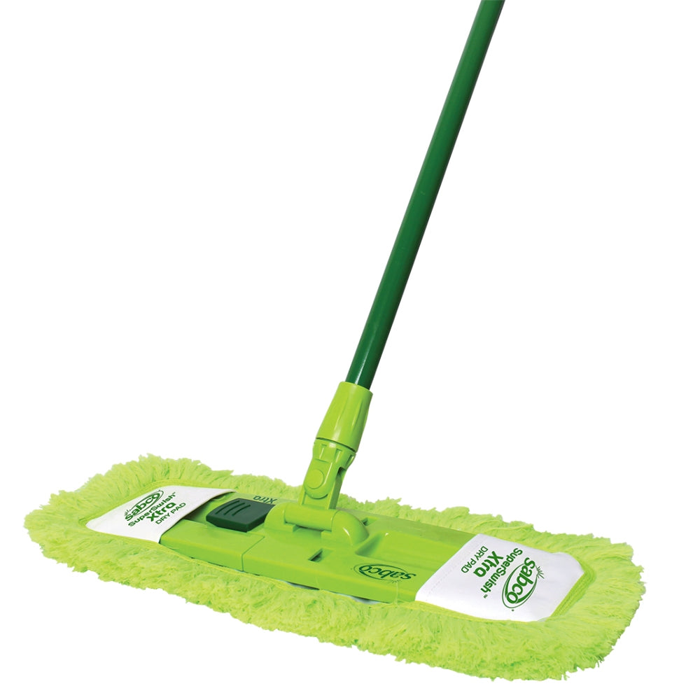 Green microfiber dust mop on a white background