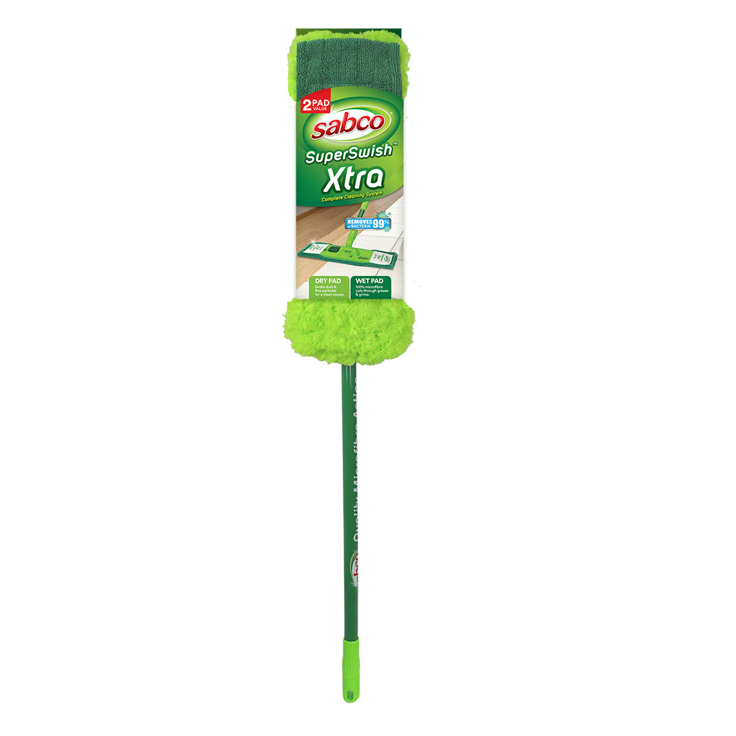 Green mop with Sabco SuperSwish Xtra packaging on a white background