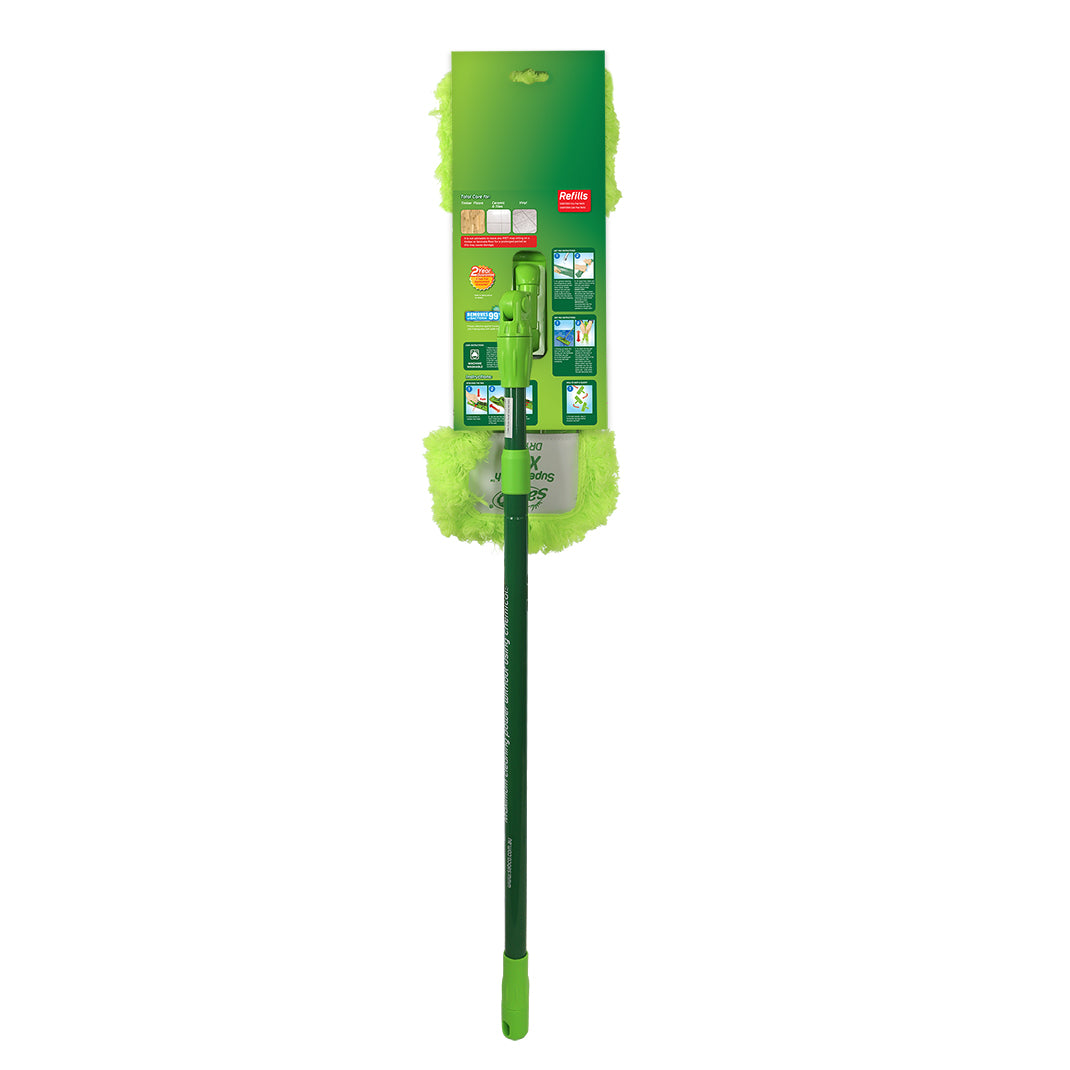 Green dust mop with a handle on a white background