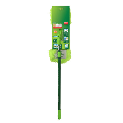 Green dust mop with a handle on a white background
