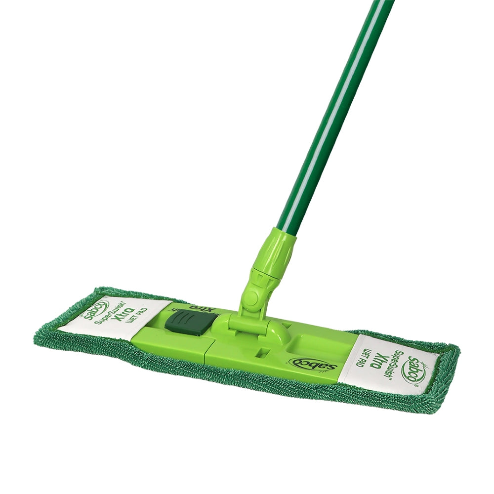 Green microfiber mop with a white background