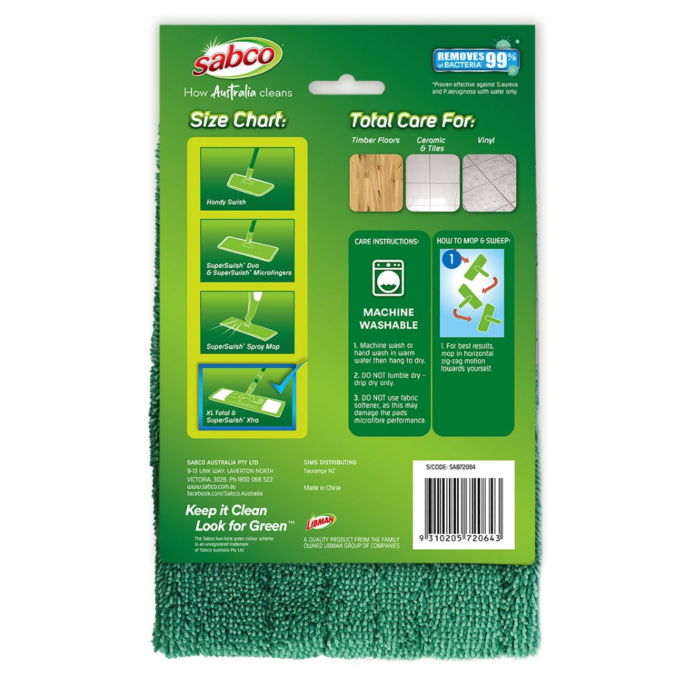 Green cleaning cloth with Sabco branding and product details on a white background