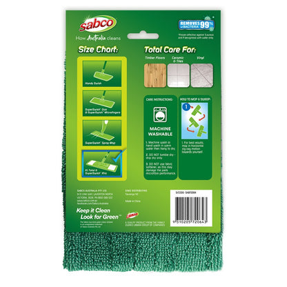 Green cleaning cloth with Sabco branding and product details on a white background