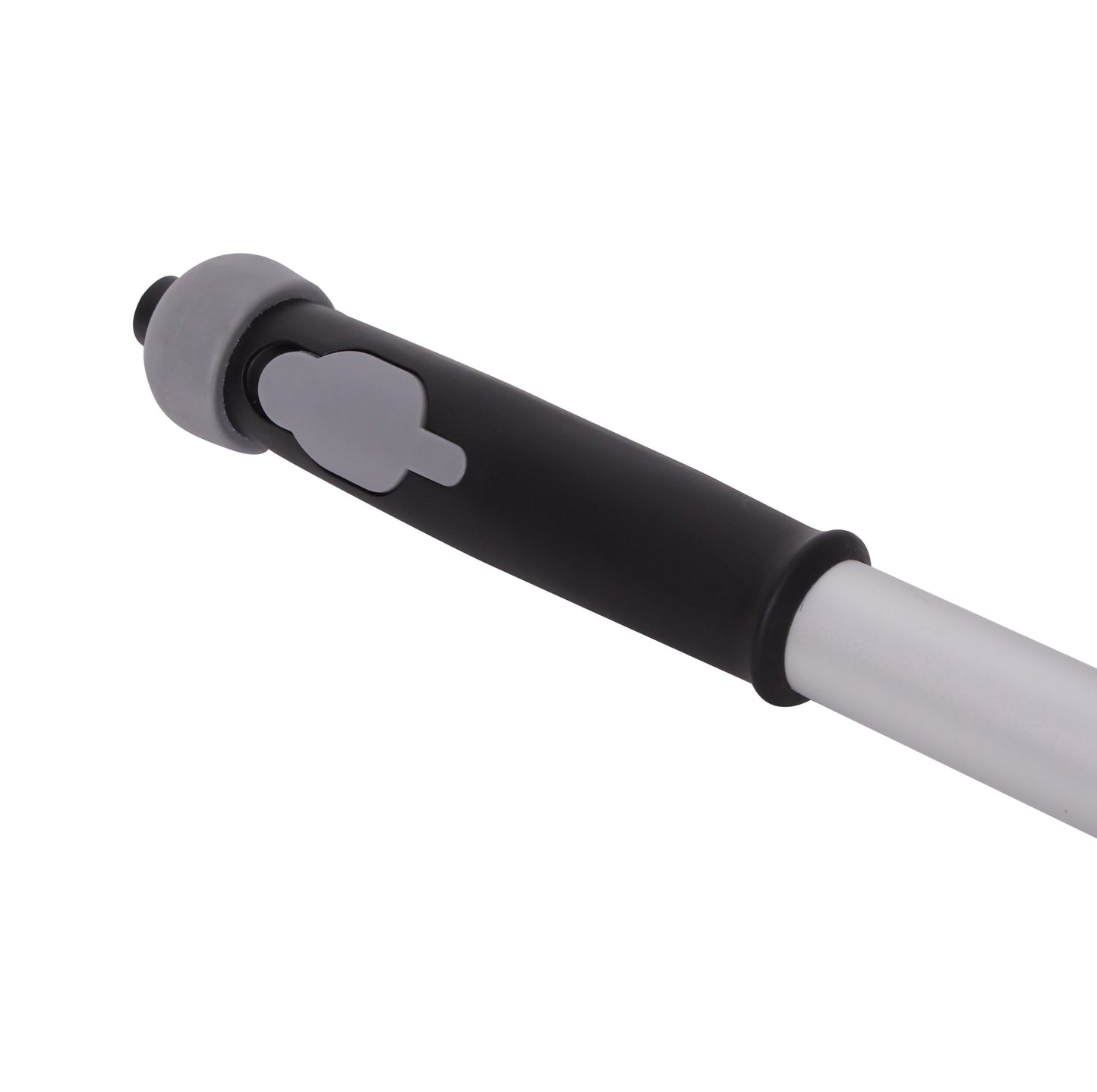 Closeup of black and gray spray handle on a white background