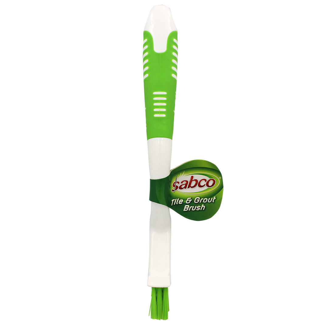Green and white tile and grout brush with Sabco branding on a white background