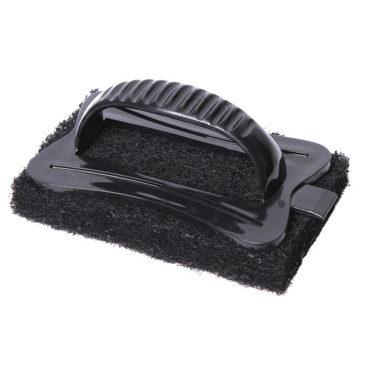 Black scrubber with textured handle on a white background