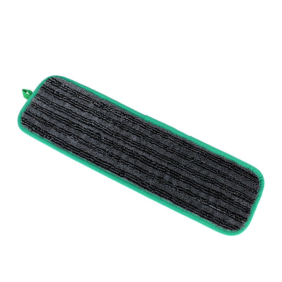 Black microfiber cleaning pad with green border on a white background