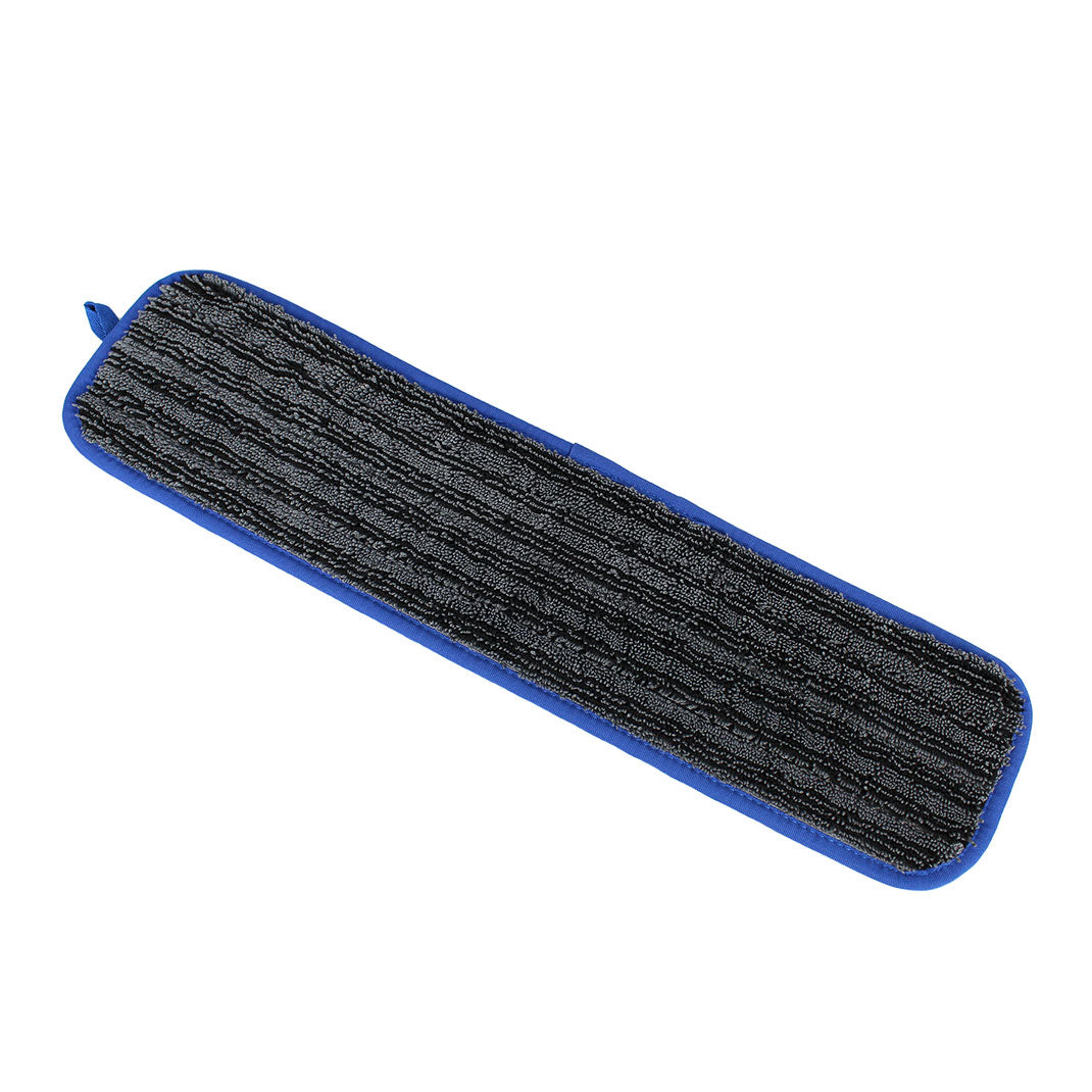 Black microfiber mop pad with blue border on a white background