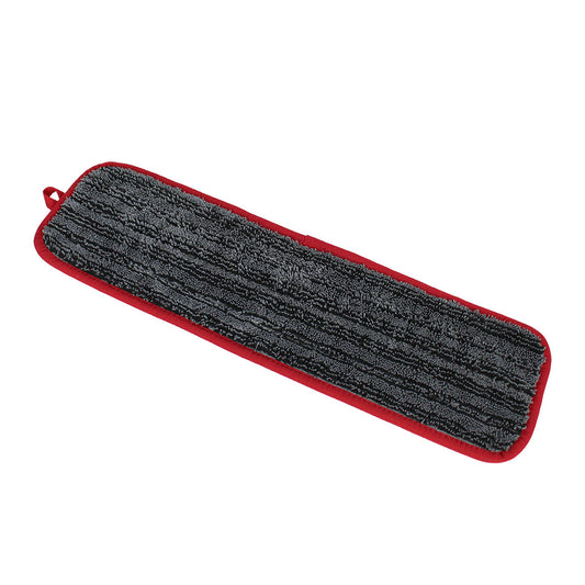 Gray microfiber dust mop head with red border on a white background