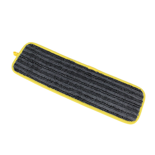 Gray microfiber mop pad with yellow border on a white background