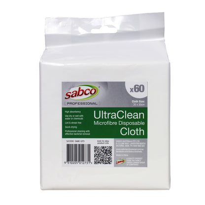 Package of Sabco UltraClean Microfibre Disposable Cloth on a white background