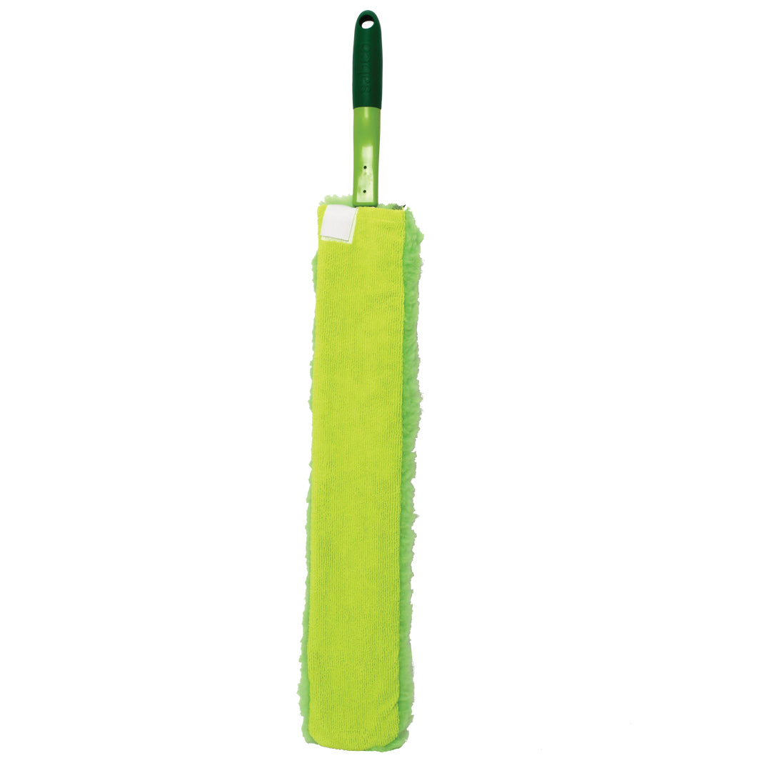Green microfiber cleaning cloth with a handle on a white background