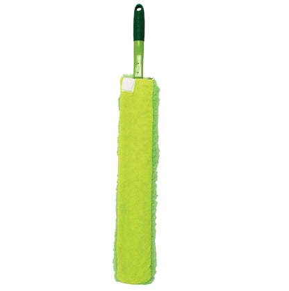 Green microfiber cleaning cloth with a handle on a white background