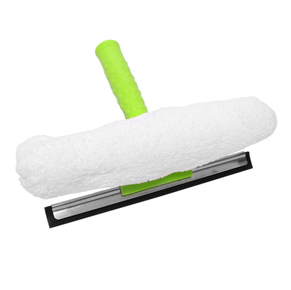 Squeegee cleaning tool with white pad and green handle on a white background
