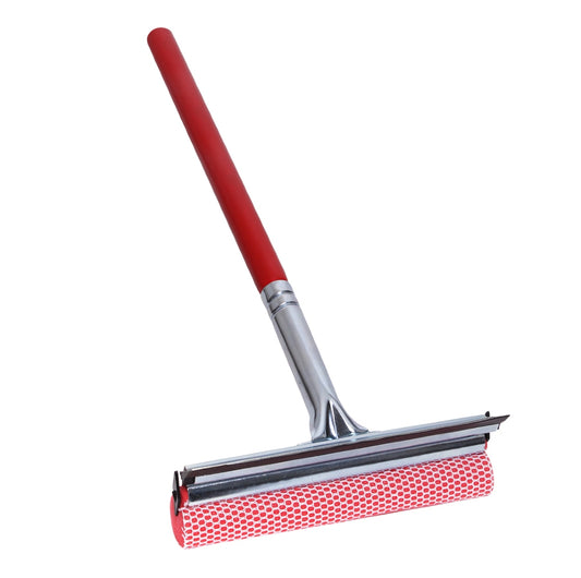 Red squeegee with a red handle on a white background