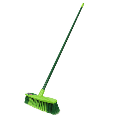 Green broom with a long handle on a white background