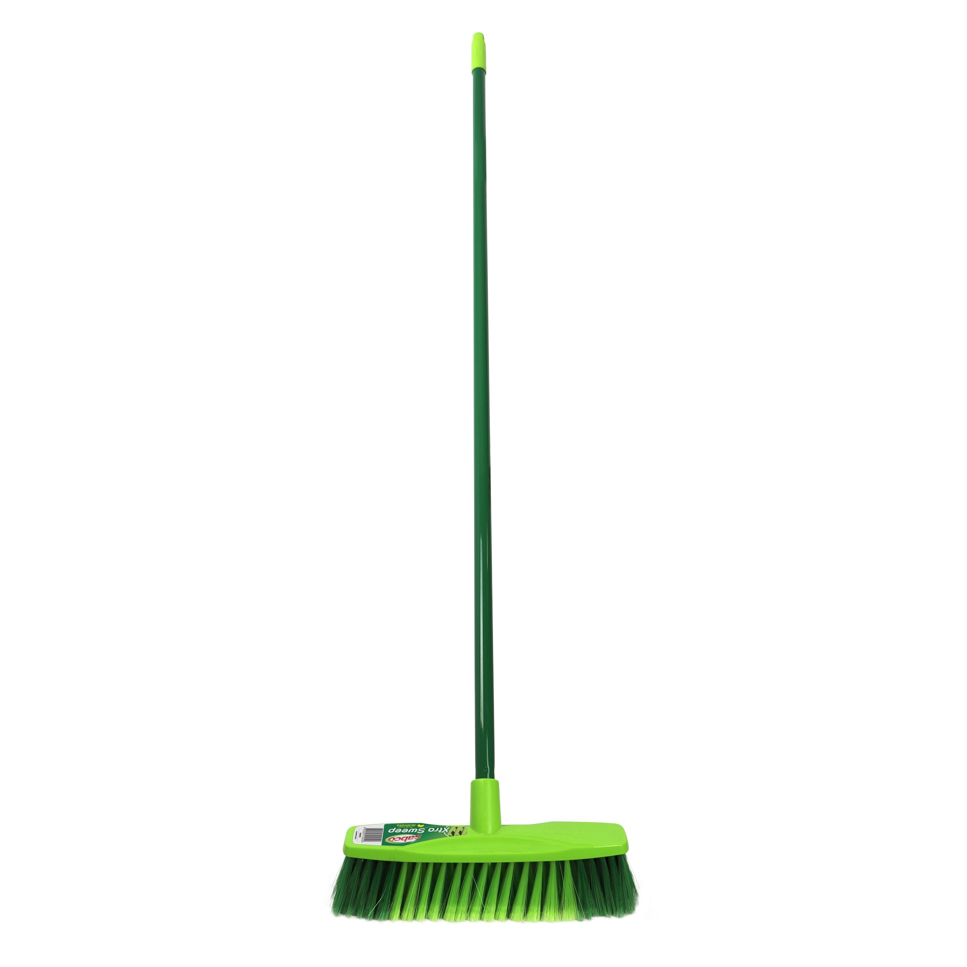 Green broom with a long handle on a white background