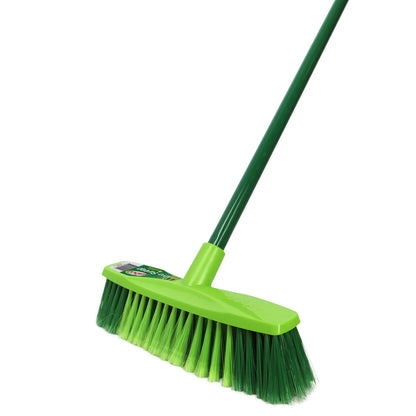 Green broom with a long handle on a white background