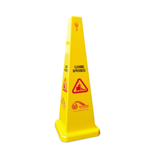 Yellow safety cone with warning signs on a white background