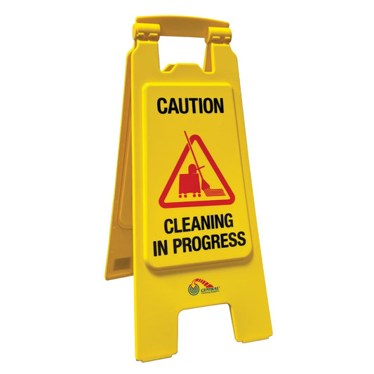 Yellow caution sign with 'Cleaning in Progress' text on a white background