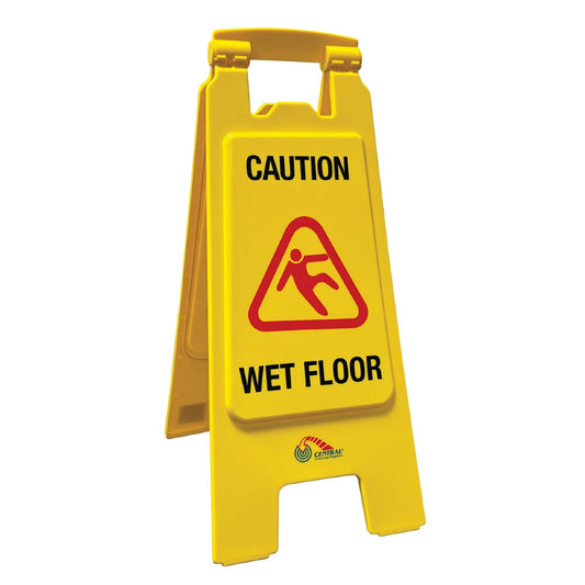 Yellow wet floor caution sign with red warning symbol on a white background