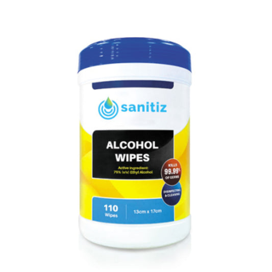 Container of Sanitiz alcohol wipes on a white background