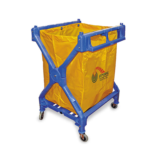 Yellow trash bag in a blue frame cart on a white background