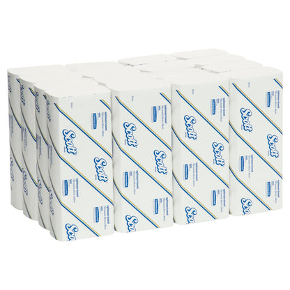 Multiple boxes of Scott toilet paper stacked on a white background