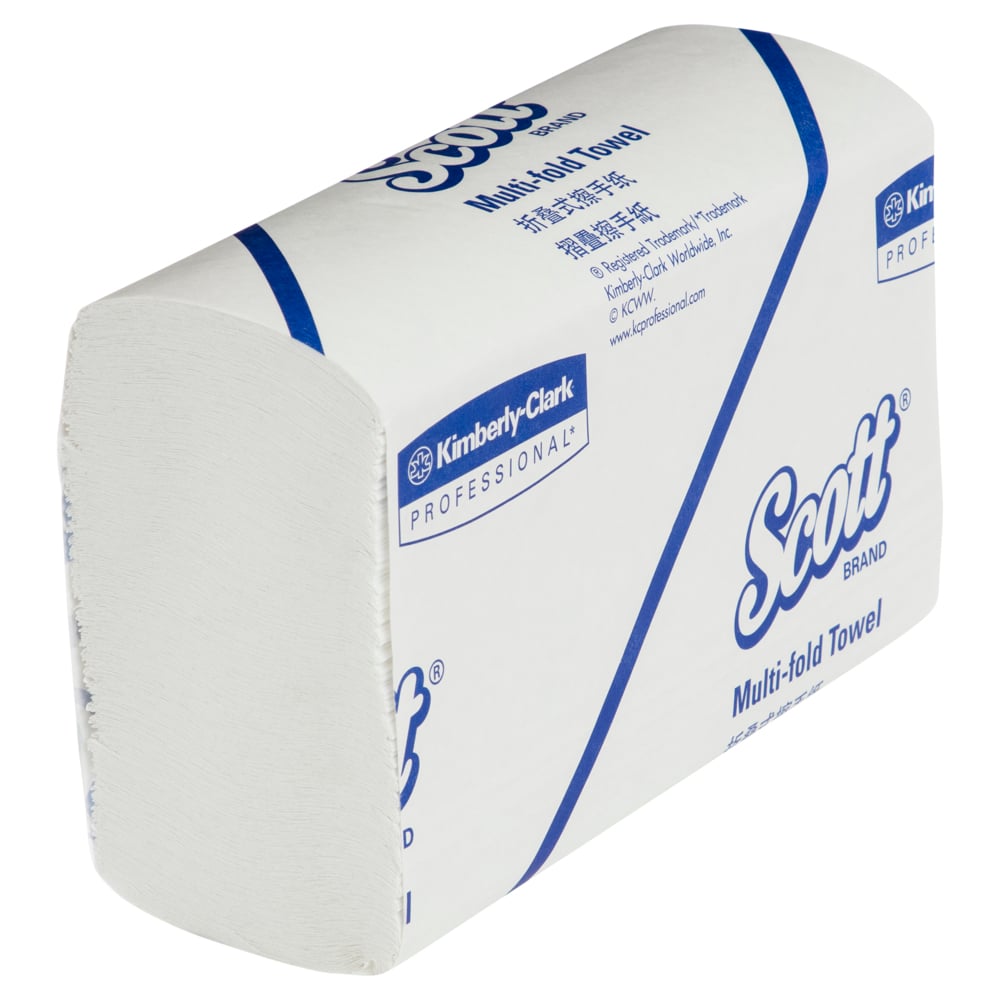 Package of Scott multi-fold towels by Kimberly-Clark on a white background