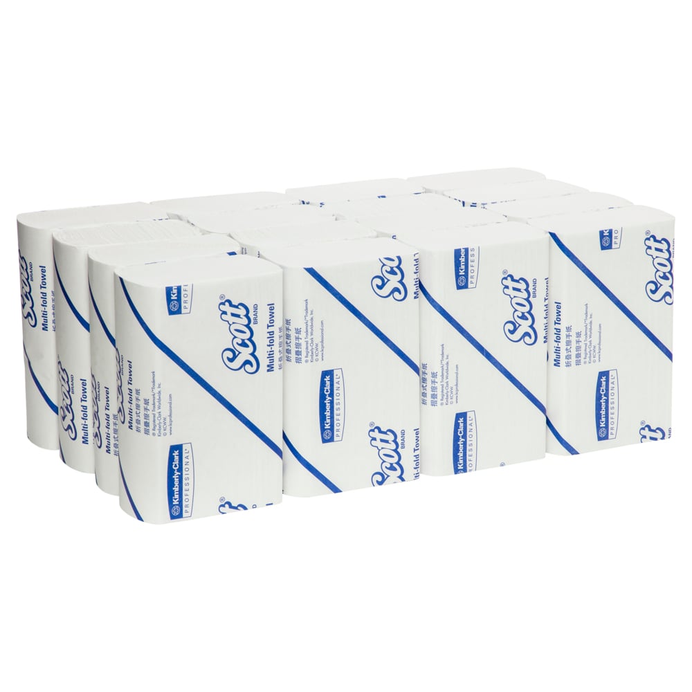 Multiple rolls of Scott paper towels stacked on a white background