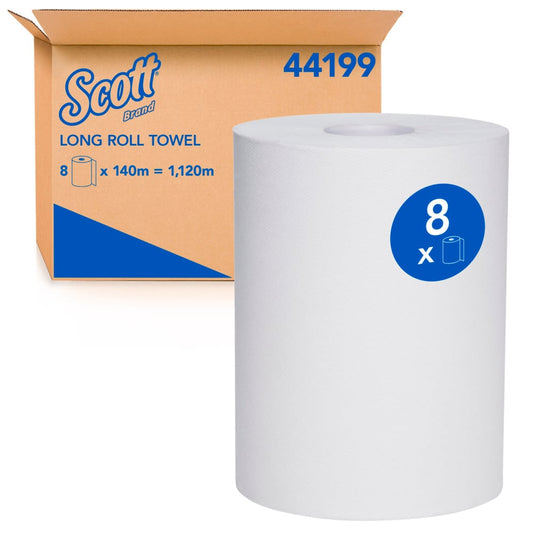 Scott brand long roll towel with packaging on a white background