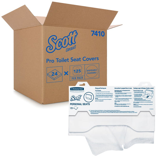 Box of Scott Pro Toilet Seat Covers with a sample pack on a white background
